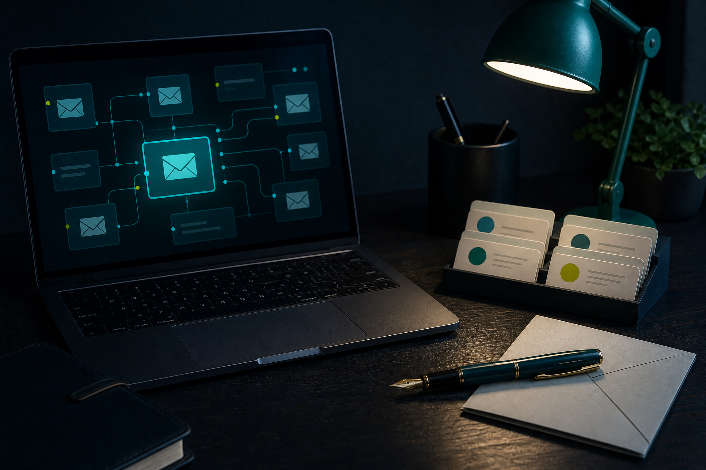 Editorial illustration of an email marketing workbench