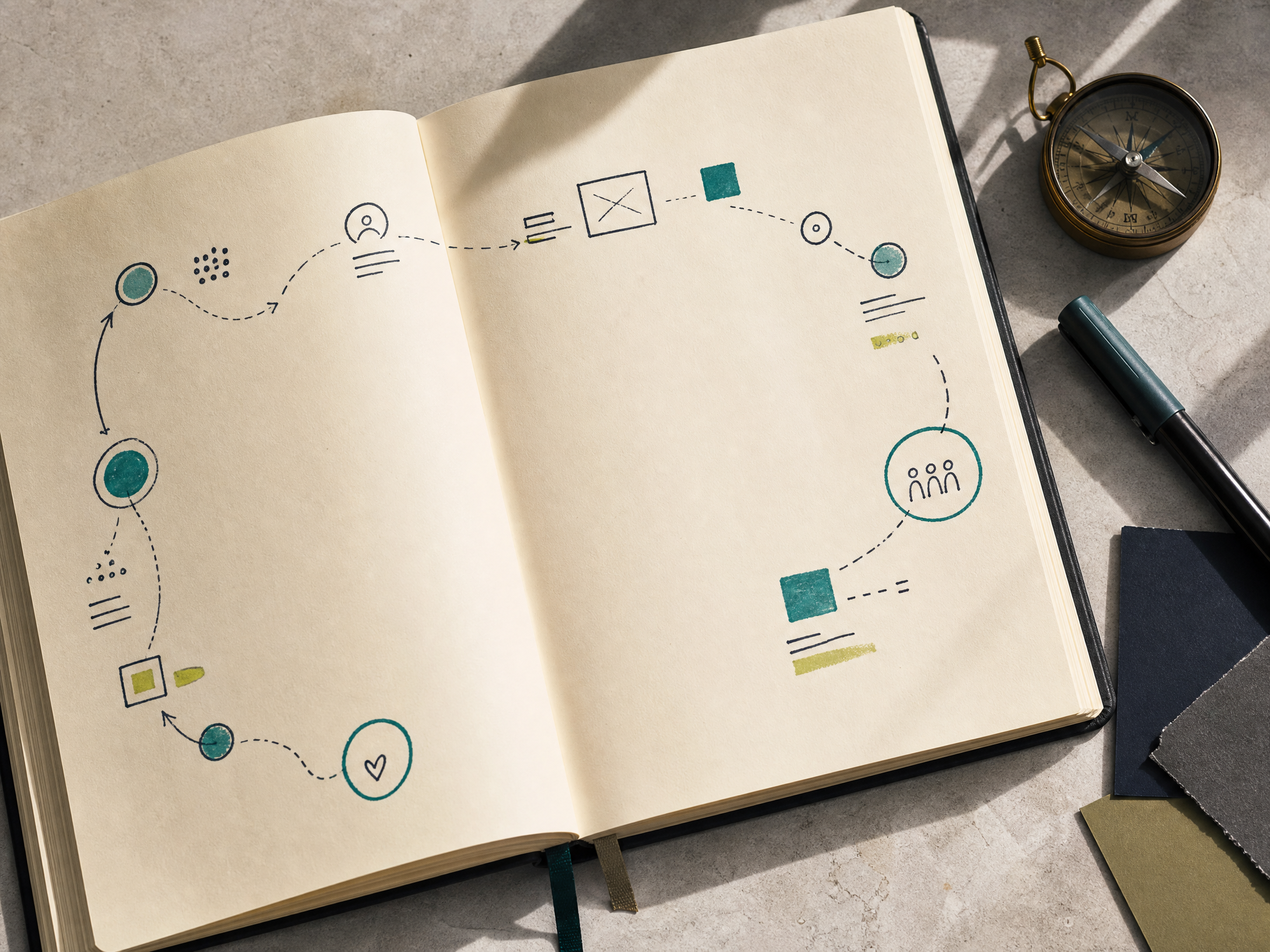 Open strategy notebook showing a mapped customer journey and website planning process